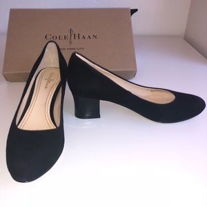 Black suede Cole Haan stacked heel